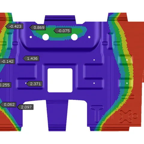 A simulated section through a formed panel, with tables comparing the surface to nominal at ten points