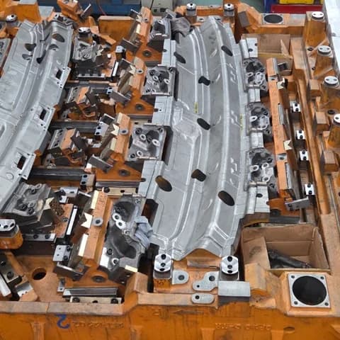 A close crop of the machined upper die: finished steels bolted across two curved sections